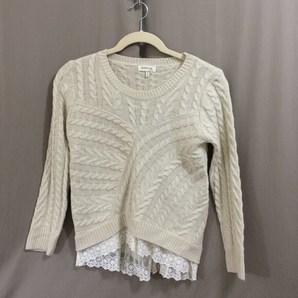 Monteau Cable Sweater Lace Hemline 100% Acrylic Beige Scoop Neck XL - Picture 2 of 6